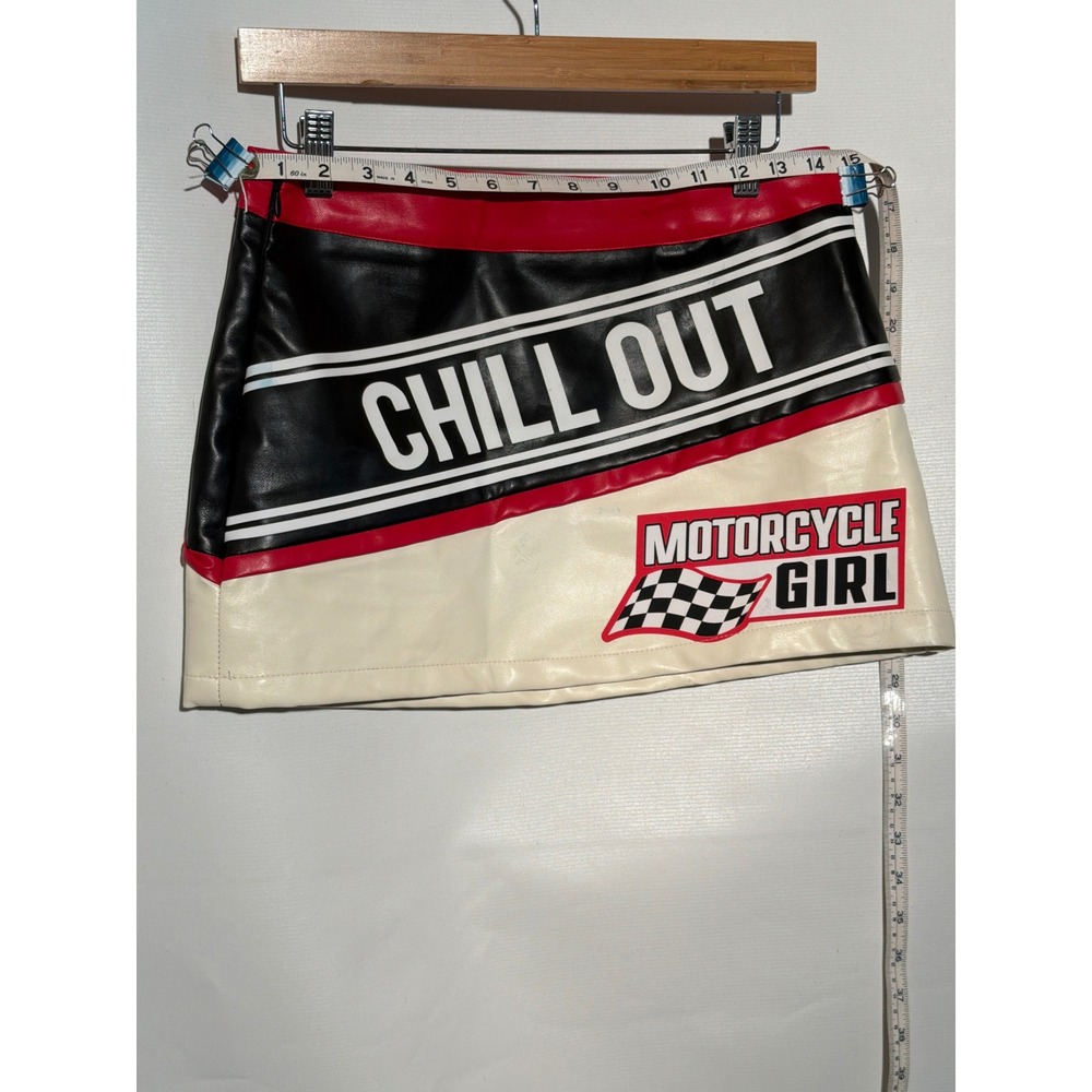 Motorcycle Girl Faux Leather Mini Skirt S US 4 EU 36 Red Black Racing Graphic - Picture 3 of 6
